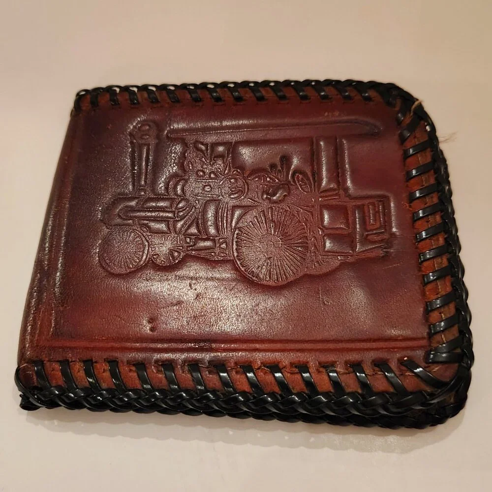 VINTAGE HAND TOOLED HANDCRAFTED LEATHER WALLET - MODEL T CAR Tractor Train